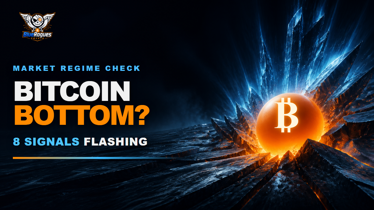 Blue Rogues editorial artwork asking whether eight Bitcoin bottom signals are flashing